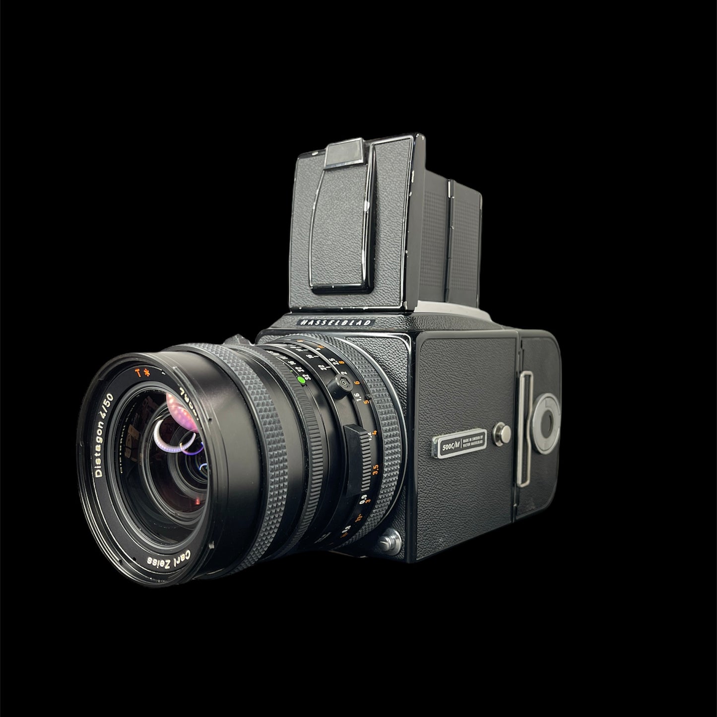 Hasselblad 500c/m Black w/ 50mm Distagon CF FLE A12 Back B#RC1307799 L#7954711 JB AY